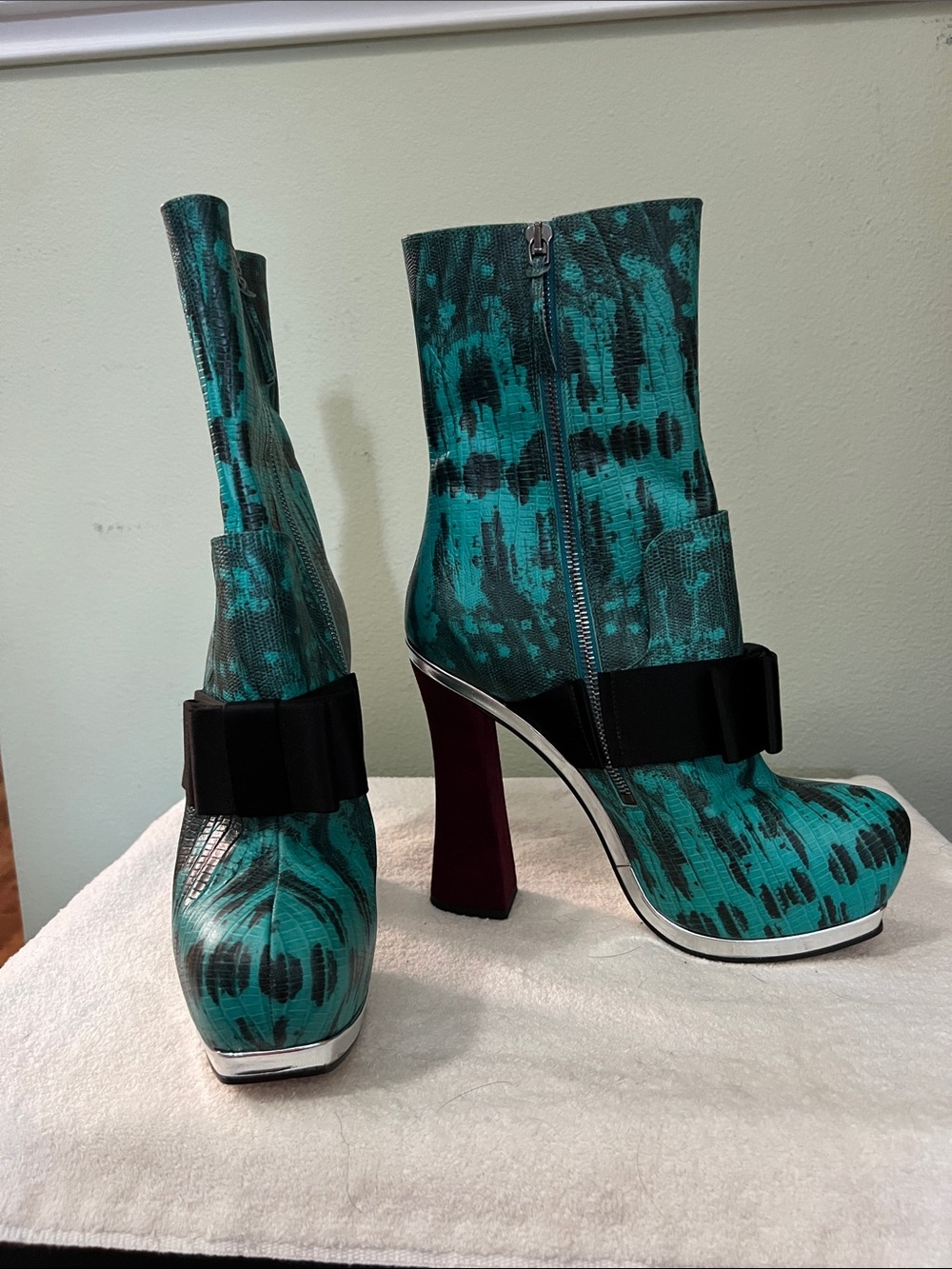 Miu Miu Turquoise Patterned High Heel Ankle Boots with Bow Accent Size 9